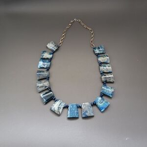 Raw Coastal Stone Necklace – Artisanal Sculptural Blue Statement